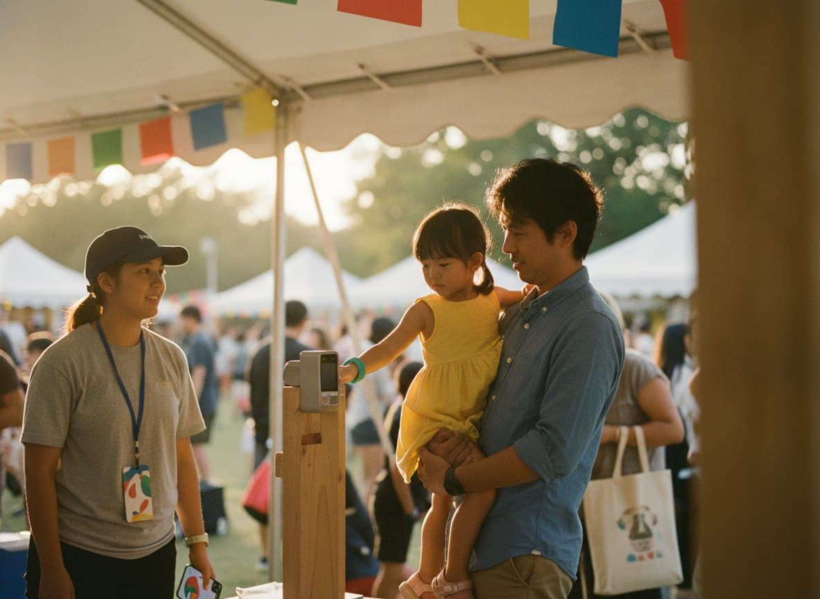 At a carnival booth, a father lifts his daughter so she can tap her silicone wristband on the checkpoint reader